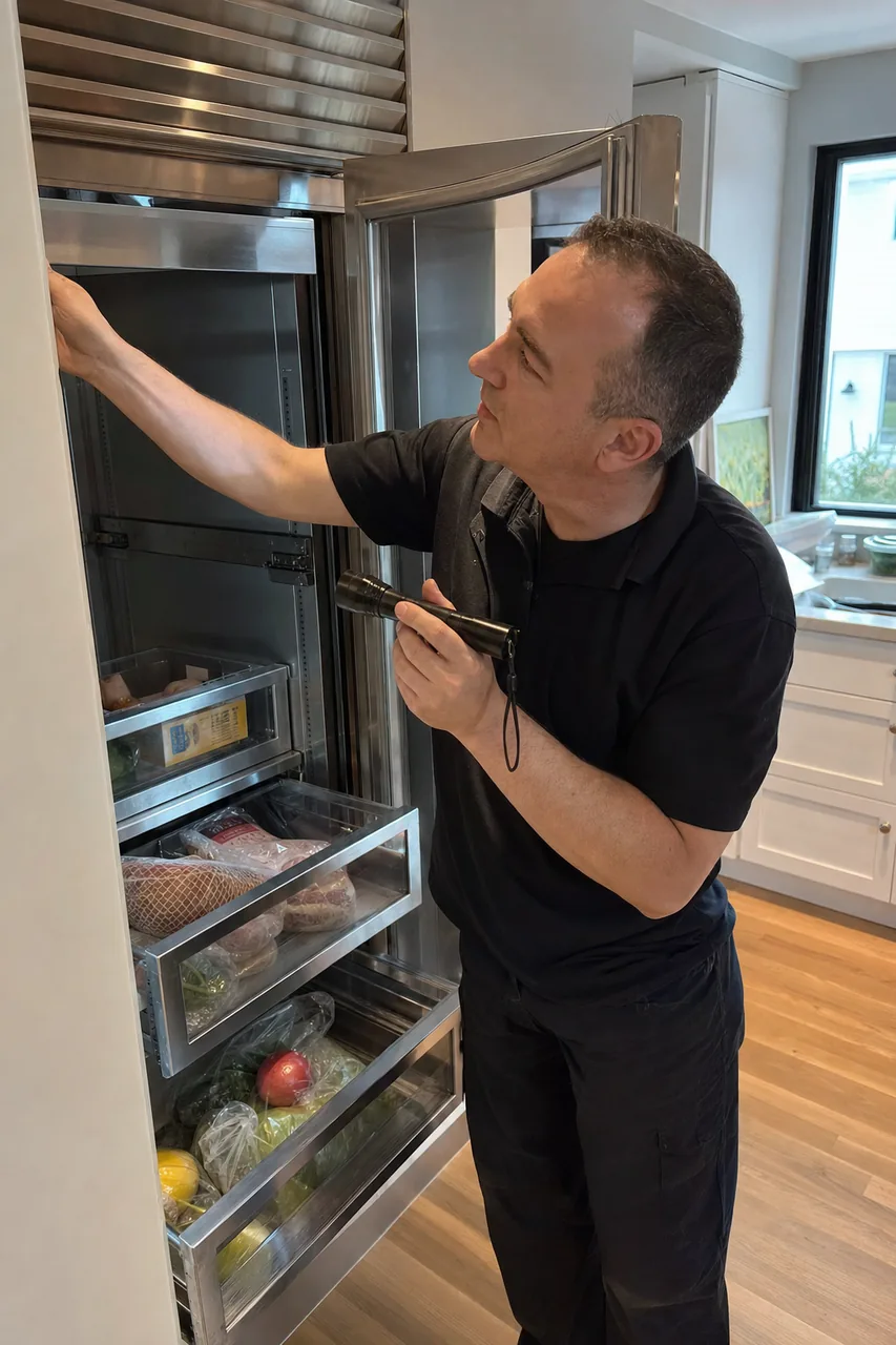 Mirrored view of an open refrigerator column with loaded drawers and a technician reaching up to the top shelf