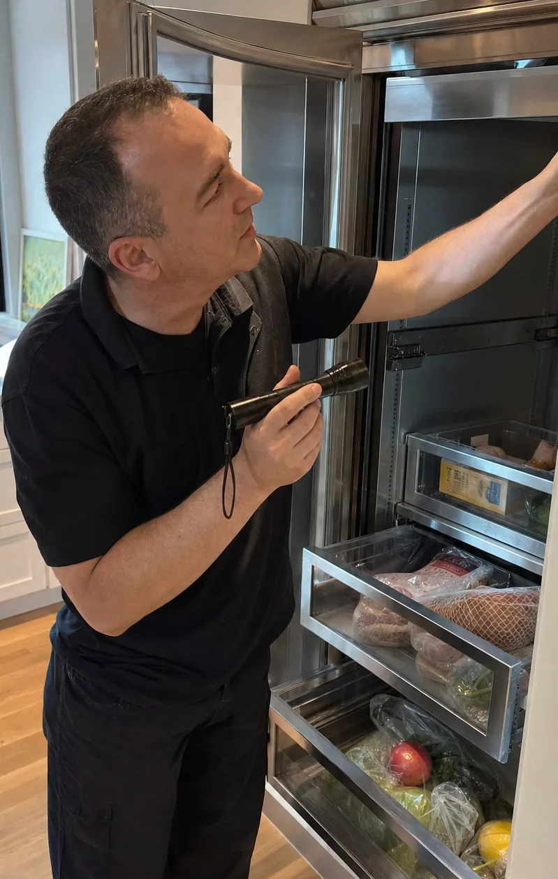 Centre crop of a technician working at the open door of a loaded built-in refrigerator