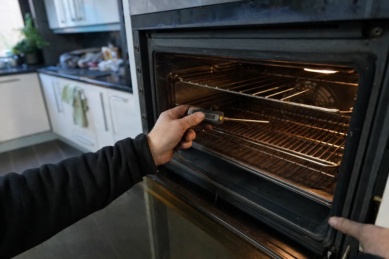 Reversed view of an open oven cavity with a probe thermometer laid across the wire rack and the dropped door below it