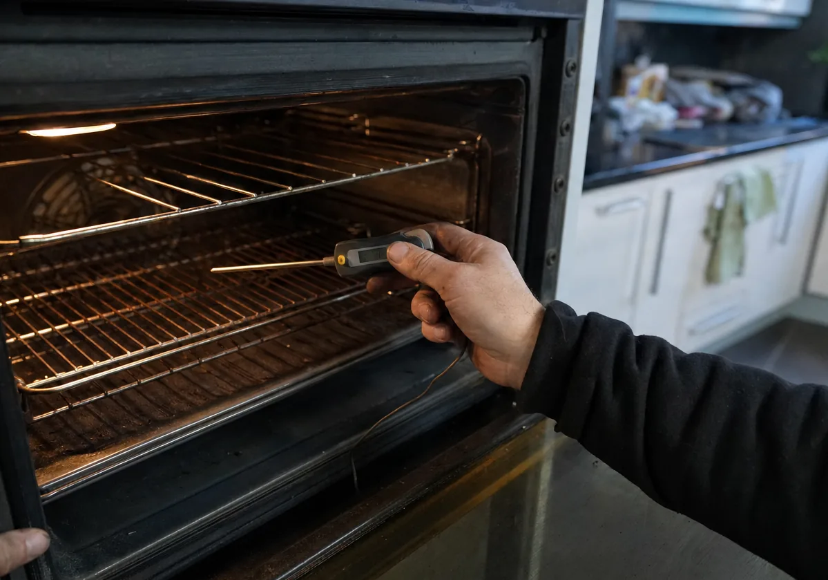 Centre crop of a lit oven cavity with a probe thermometer resting on the rack
