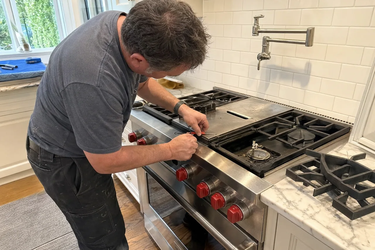 Close view of hands removing the front panel screws of a pro-style rangetop, heavy cast grates lifted clear on the counter