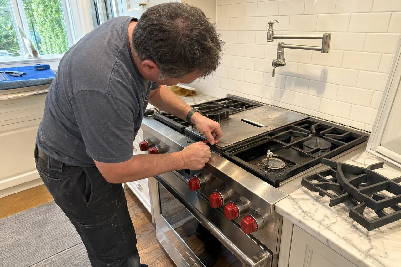 A technician leaning over a stainless professional range in a marble-and-subway-tile kitchen, backing a screw out of the control panel with the burner grates set aside
