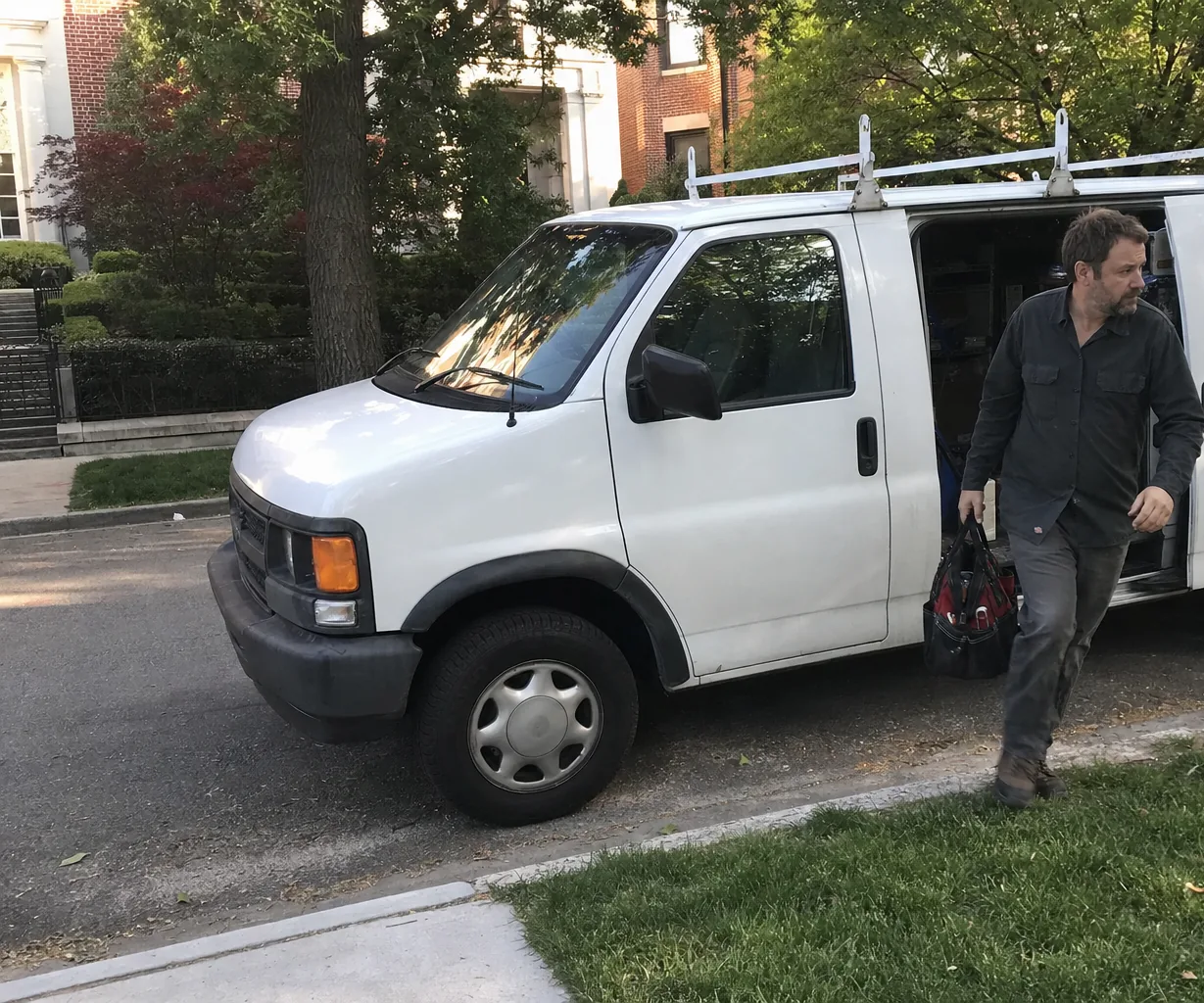 Mirrored view of an open van side door with shelving inside and a technician stepping onto the grass verge